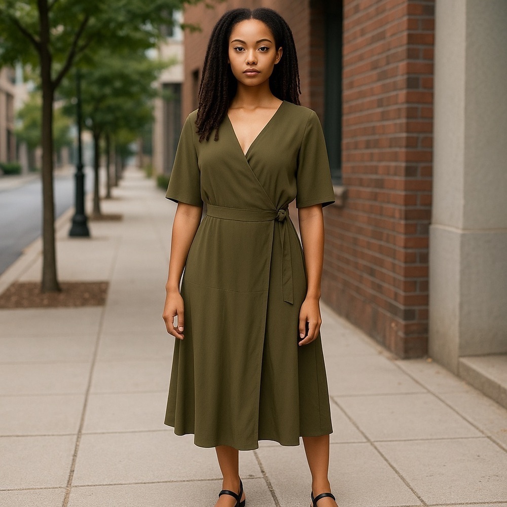 Fame and Partners Green Midi V-Neckline Wrap Dress in Size 8 - Picture 13 of 13